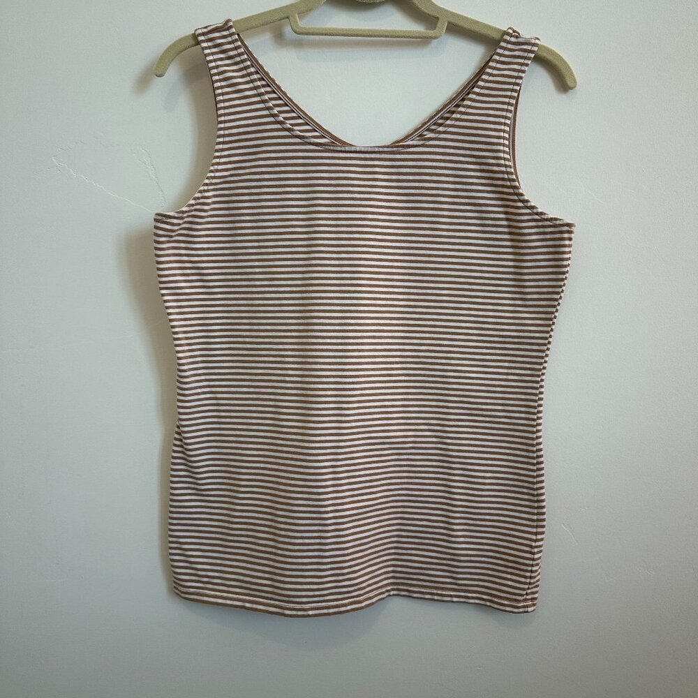 Talbots Belleville Stripe Tank Top Tan/White, 2 ways scoop/v-neck; Size Medium - Picture 2 of 3